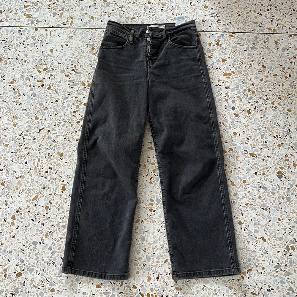 ZARA BLACK MILE HIGH CROPPED WIDE LEG JEANS